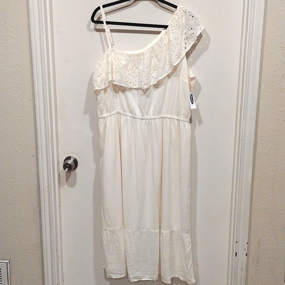 NWT Old Navy Ivory Eyelet Ruffle One Shoulder Tiered Midi Dress Sz XL -Romantic